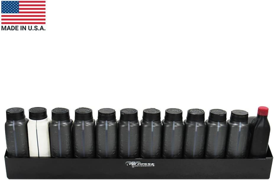 Pit Posse 443BK Oil Shelf 12 Quart Bottle Holder Storage Organizer Caddy 32" | Made in USA | Enclosed Race Trailer Garage Shop Automotive Motor Engine Oil Rack Caddie Shelves (Black)