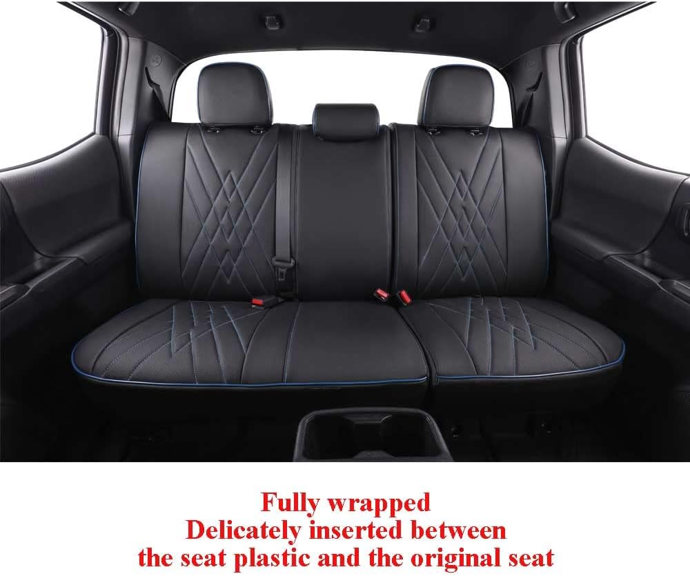 EKR Custom Fit Tacoma Rear Car Seat Covers for Select Toyota Tacoma 2016 2017 2018 2019 2020 2021 2022 2023 Double Cab/Crew Cab - Second Row Only,Leather (Black with Blue Trim)