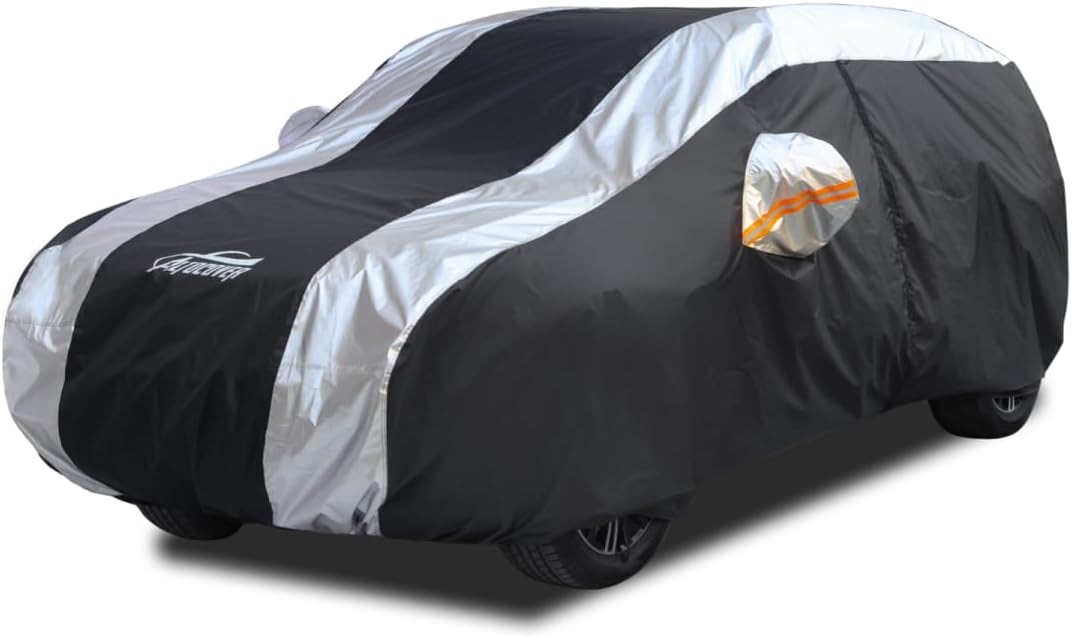 SUV Cover Waterproof All Weather Protection with Silver Stripe Design, Car Cover Universal Fit Ford Explorer, Toyota Highlander, Honda Pilot, Dodge Durango, BMW X5 X6, Lexus RX350