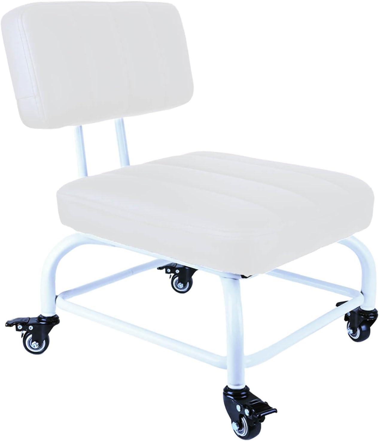 Rolling Stool and 4 Wheels with Brakes Rolling Chair for Home Office Garage Shop Roller Seat Water-Proof High Density Cushion and Steel White