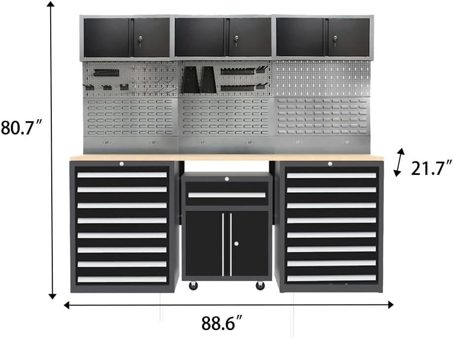 JZD Garage Tool Storage Cabinet System, Included Pegboard Back Panel, No Wall Mounting Needed, for Machine Shop Production Area