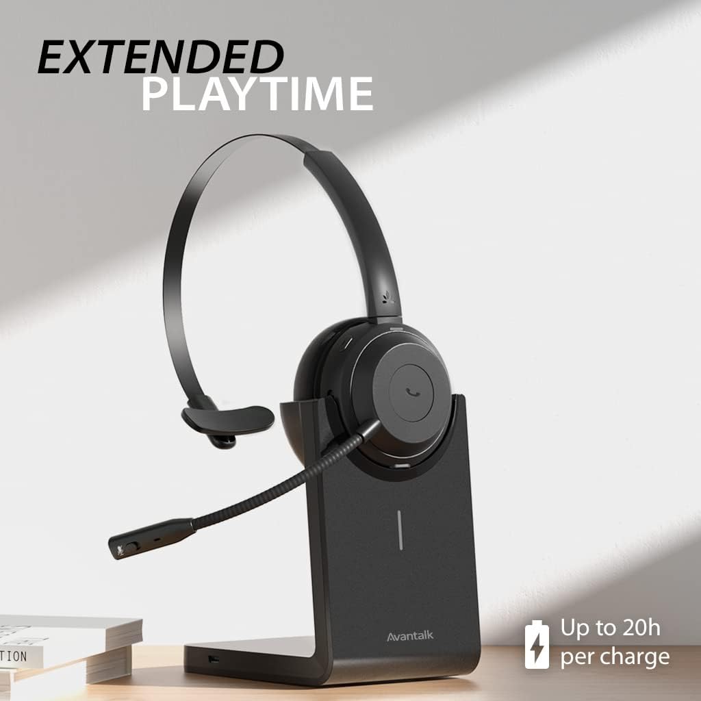 Alto Solo - Wireless Headset with Mic for Work with Qualcomm Bluetooth Solution, CVC Noise-Canceling for PC, Computer & Laptop, Charging Stand, Mute Button, Wired Headphones Option