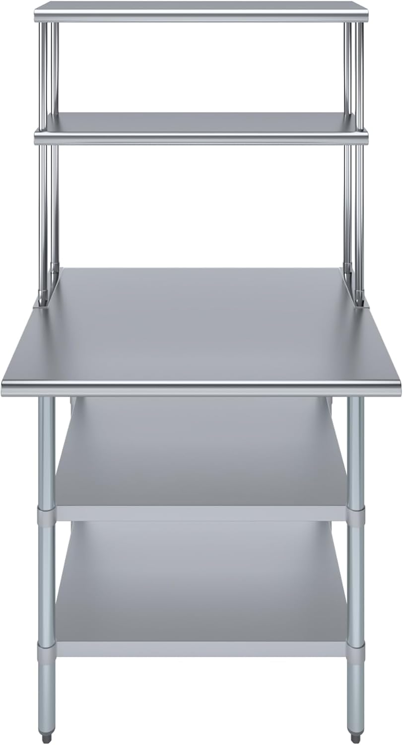 Amgood Stainless Steel Work Table with 2 Shelves | Metal Kitchen Prep Table & Shelving Combo (30" x 36" Table with 2 Shelves + 12" Overshelf)