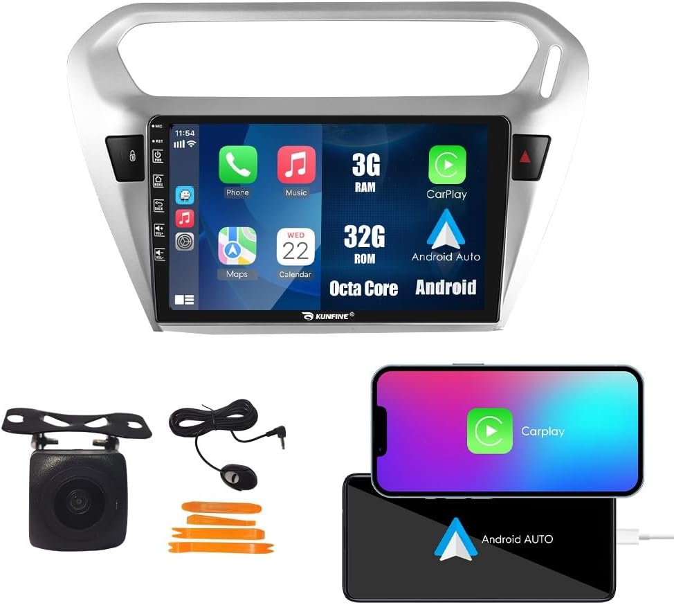 Kunfine Car CarPlay Android Auto Navigation Stereo GPS Radio Reverse Camera Display 9" IPS Touchscreen Headunit Tablet Pad Media Player For Peugeot 301 2013-2022, if Applicable Octa Core 3G+32G Silver