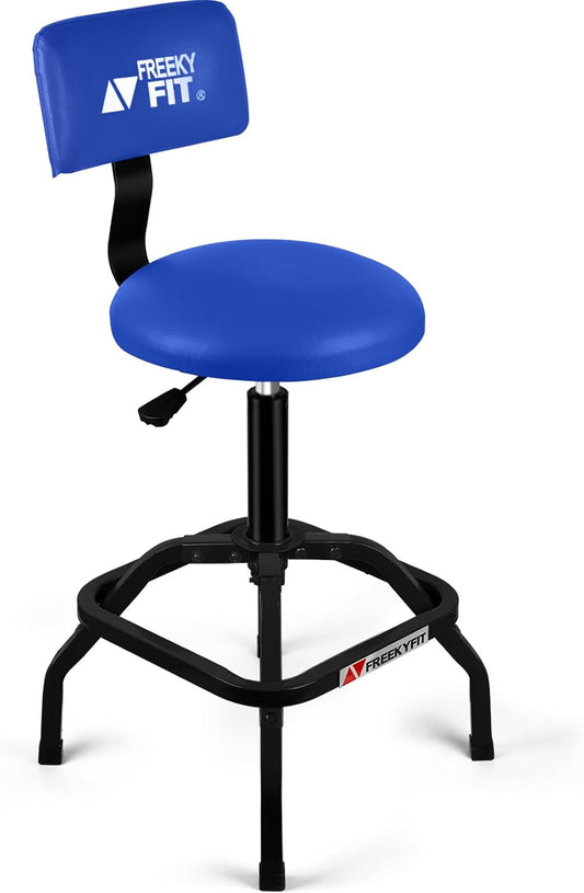 Shop Stool with Backrest, Mechanic Garage Stool for Workshop, Adjustable Shop Stools Chair, Padded Workbench Stools for Men Women, 300 LBS Capacity, 360° Swivel PVC Seat, Heavy Duty, Blue