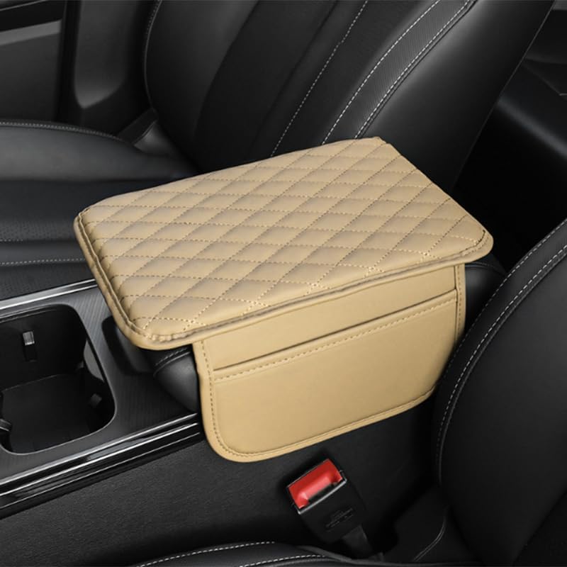 Memory Cotton Leather Car Armrest Box Pad, 2025 New Universal Style Memory Cotton Car Armrest Box Pad, Upgrade Vehicle Seat Box Cushion Protector for SUV Truck (Khaki)