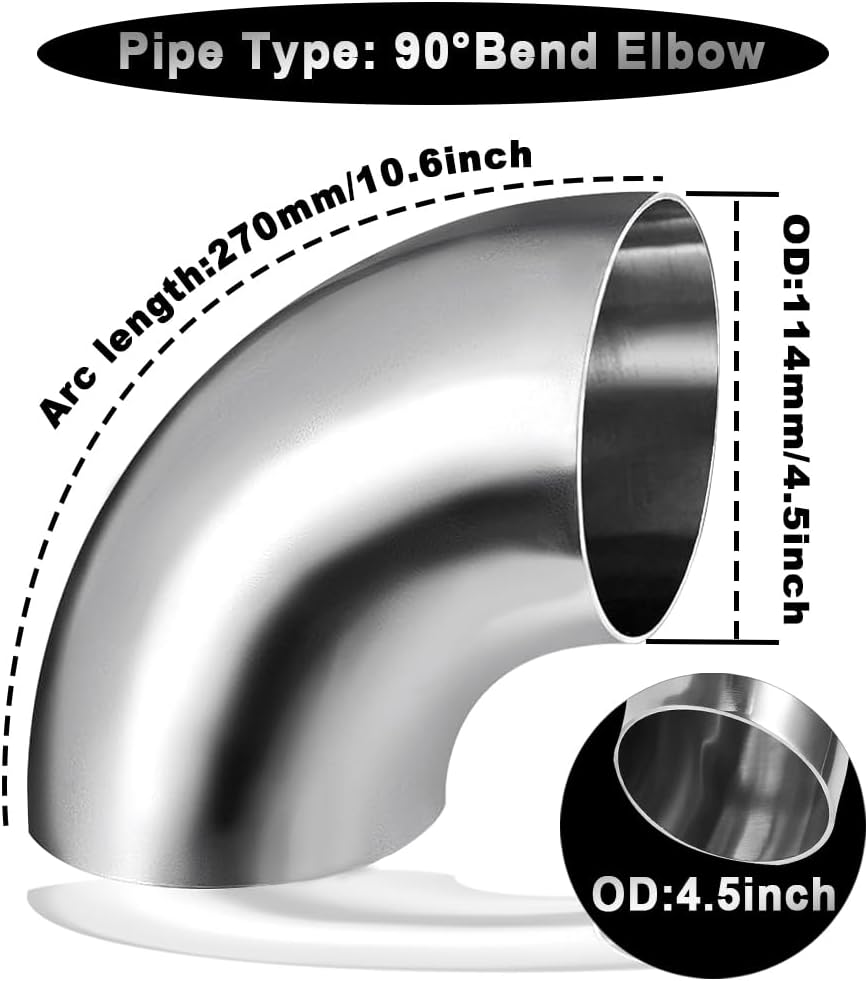 Cotonake 4.5 Inch Exhaust Elbow Pipe 90 Degree Bend Elbow for Car Modified Exhaust System 4.5" Piping Silver Tone，Stair Handrail (1pcs)
