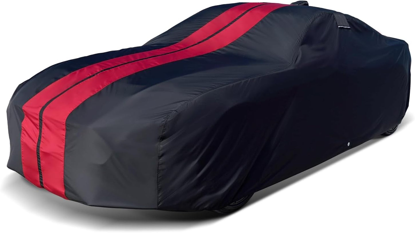 iCarCover Custom Car Cover for Pontiac GTO (1968-1972) Waterproof All-Weather Rain Snow UV Sun Protector Full Exterior Indoor Outdoor Car Cover (Stripe - Black/Red)