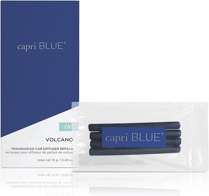 Capri Blue Car Diffuser Refills - Volcano Car Air Freshener Refills With Notes of Sugared Citrus & Tropical Fruits - For Use in Vent Clip - Includes 4 Fragrance Reeds - Travel Essential