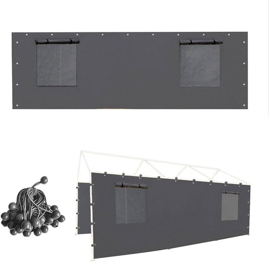 Sidewall Panel with Mesh Windows and Elastic Ball Bungees, for 10x20 FT or 12x20 FT Garage Party Tent Shelter - Gray, One Sidewall Panel Only