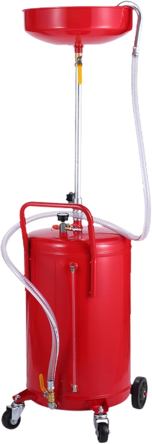 XtremepowerUS 20 Gallon Portable Waste Oil Drain Tank Air Operated Drainage Adjustable Funnel Height with Wheel, Red