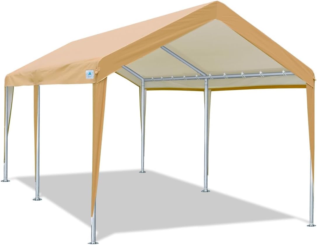 ADVANCE OUTDOOR Adjustable 10x20 ft Heavy Duty Carport Car Canopy Garage Boat Shelter Party Tent, Adjustable Height from 9.5 ft to 11 ft, Beige