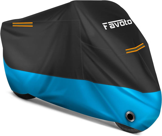 Favoto Motorcycle Cover Waterproof Outdoor - Universal Fit Motorbike Cover with 3 Night Reflectors Lock-Hole Carrying Bag Windproof Dustproof Rain Sun Protection (116 inch Length)