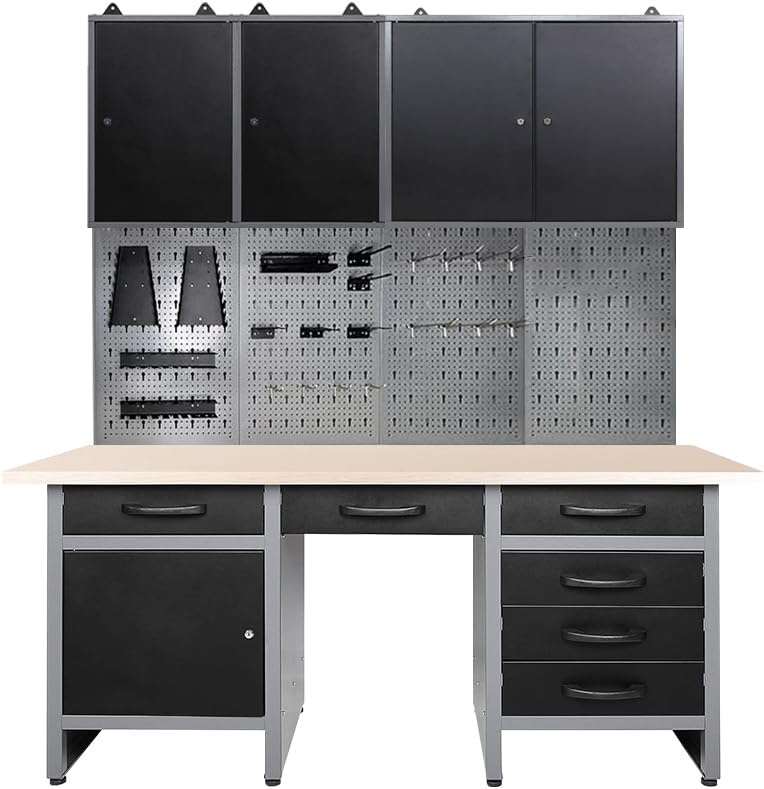 JZD Metal Garage Cabinet Combo Set with Wood Worktop, for Auto Repair Shops, Retail Backrooms