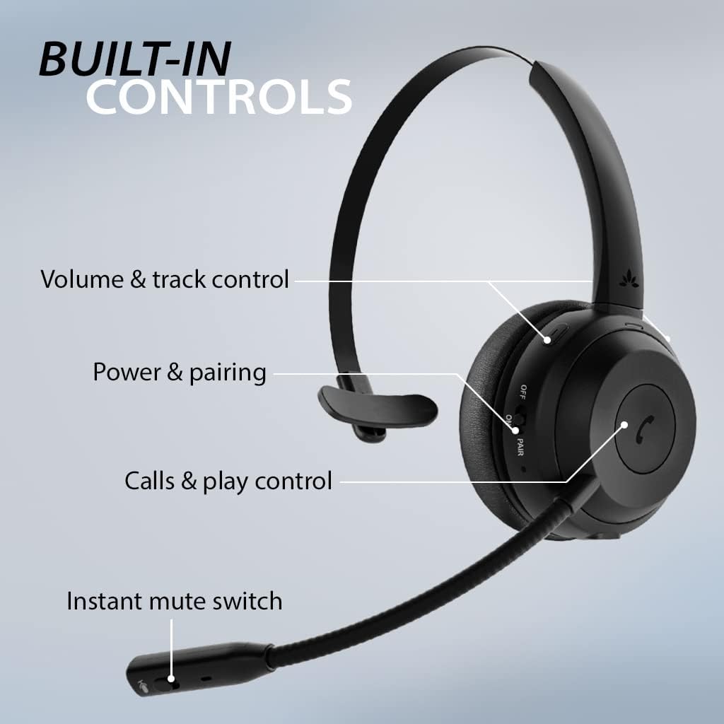 Alto Solo - Wireless Headset with Mic for Work with Qualcomm Bluetooth Solution, CVC Noise-Canceling for PC, Computer & Laptop, Charging Stand, Mute Button, Wired Headphones Option
