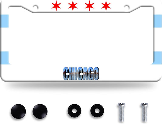 Chicago Flag License Plate Frame City Theme License Plate Stainless Steel Parts Funny License Plate Decorative with Screws Size 12.3" x 6.3" Men Women