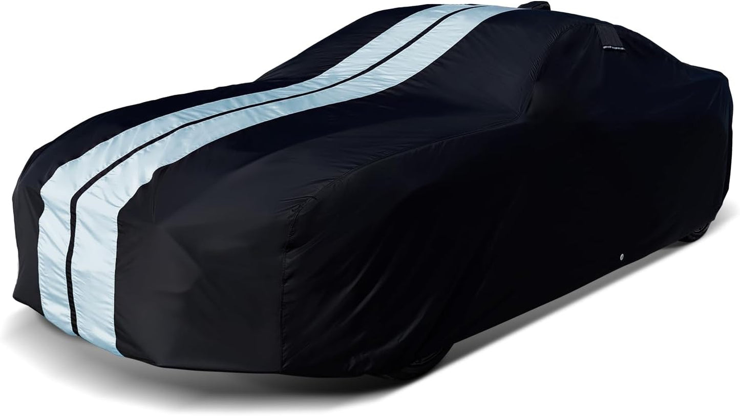 iCarCover Custom Car Cover for 1968-1982 Chevy Corvette C3 Waterproof All Weather Rain Snow UV Sun Protector Full Exterior Indoor Outdoor Car Cover (Stripe - Black/Gray)
