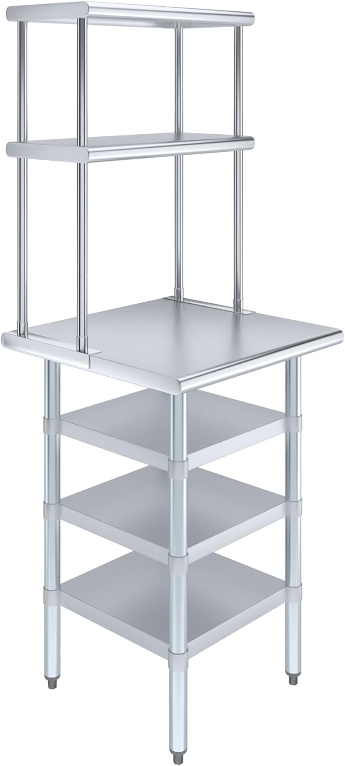 Amgood 24" x 24" Stainless Steel Work Table with 3 Shelves and 12" Wide Double Tier Overshelf | Metal Kitchen Prep Table & Shelving Combo | NSF