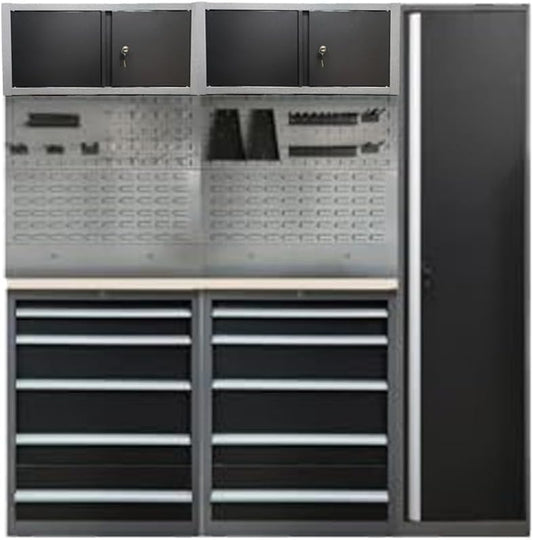 JZD Steel Garage Cabinet System, Tool Organization with Wooden Worktop, for Auto Repair Shop Basement Factory