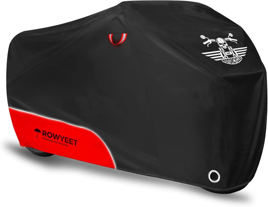 Motorcycle Cover Waterproof Outdoor Storage with Lock-Holes, Storage Bag & Night Reflective Design, Heavy Duty Protection Powersports Vehicle Covers Fits up to 96.5"-116" (420D Red, 104")