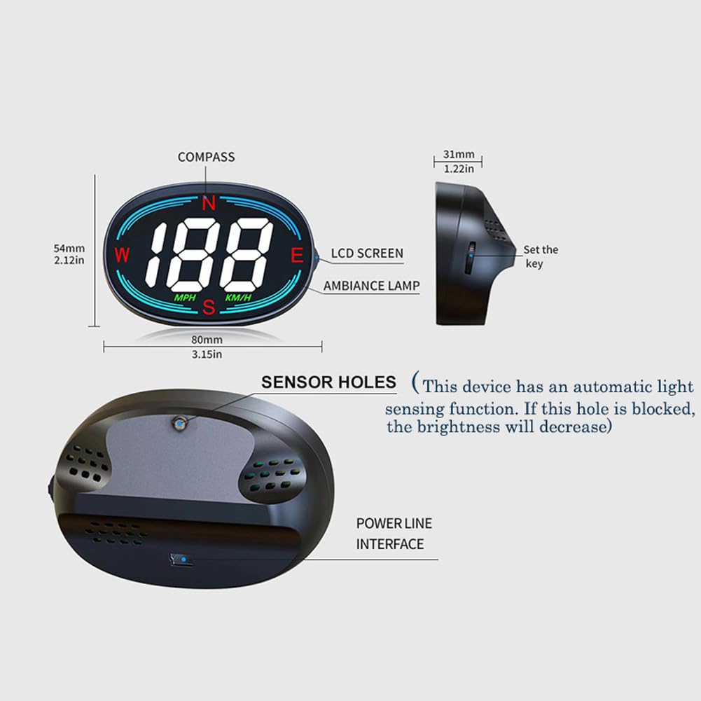 Universal HUD GPS Speedometer Plug and Play with USB Connection, Car Heads-up Display for All Vehicles, Displays MPH, Comes with Compass Over Speed Alert
