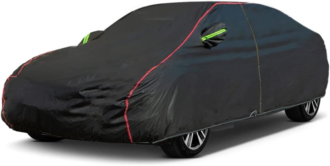 AUQDD 6-Layers PEVA New Material Sedan SUV Full Padded Car Cover Waterproof All Weather Weatherproof UV Sun Protection Snow Dust Storm Resistant Outdoor Exterior Custom Form-Fit Straps 197"-208"Black