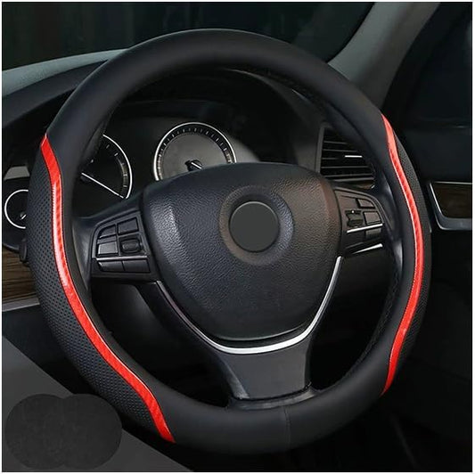 Steering Wheel Cover Black Red, Carbon Fiber Car Steering Wheel Covers with Coasters Universal 14.5-15 inch Leather Microfiber Breathable Anti-Slip Steering Wheel Accessories Set