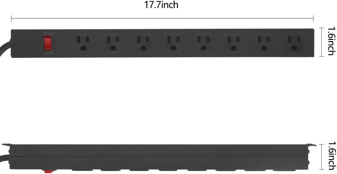 HHSOET Metal 8 Outlet Mountable Power Strip, Wall Mount Outlet Heavy Duty, Wide Spaced Commercial Shop Power Strip with Switch, 15A 125V 1875W, 6 FT SJT 14AWG Power Cord.(Black)