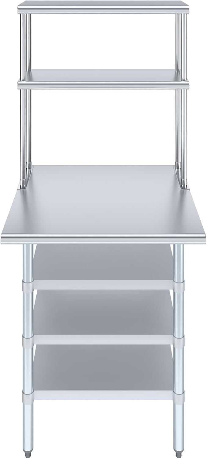 Amgood 30" x 30" Stainless Steel Work Table with 3 Shelves and 12" Wide Double Tier Overshelf | Metal Kitchen Prep Table & Shelving Combo | NSF