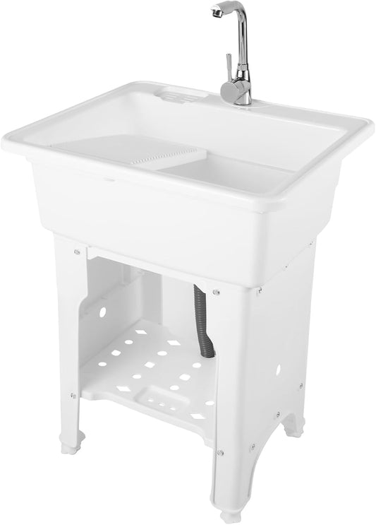 Freestanding Utility Sink Plastic Laundry Sink Spacious Laundry Tub Sink with Storage Shelf Indoor Outdoor Slop Sink Wash Station for Bathroom Laundry Washing Room (White, 25.6*21.65*31.5in)