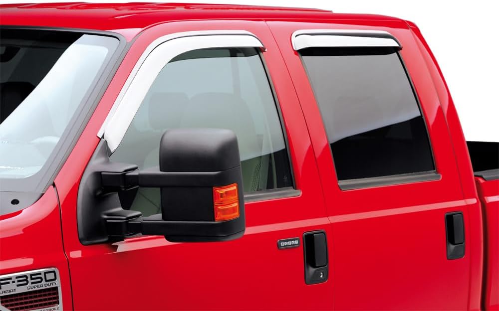 94953Y Chrome Side Window Visor Wind Vent Deflector for 1999-2016 Ford F-250/F-350/F-450/F-550 Super Duty SuperCrew Cab with 4 Full Size Doors,4pcs Outside Mount Style Shade Sun Rain Guards