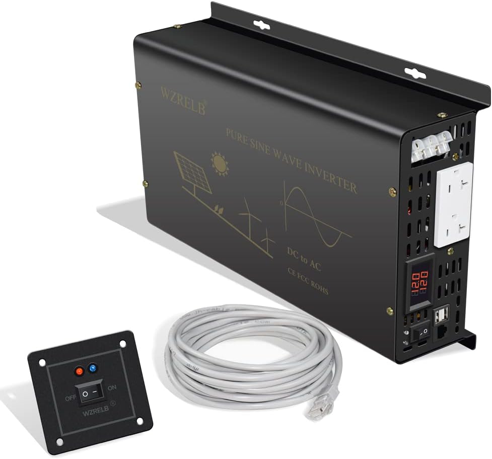 WZRELB Pure Sine Wave Power Inverter 3000W 12VDC to 120VAC 6000W Peak Dual AC Outlets &2× 2.4A USB Port &Hardwire Terminal with 16ft Remote Conrtol Off-Grid Solar Converter RV Trucks (VC300012U5WD-1)