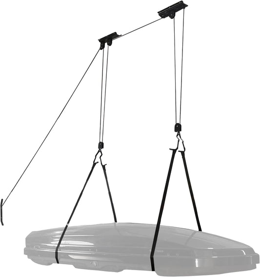 Cargo Box Ceiling Hoist – Garage Pulley Lift System for Rooftop Cargo Carrier Fits Garage or Shed with 100lb Capacity for Bicycles or Ladders or Roof Luggage Box or Roof Luggage Frame