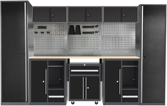 Garage Storage Cabinet Set System with Wooden Tabletop, Included Tool Cart, for Workshop Basement Utility Room