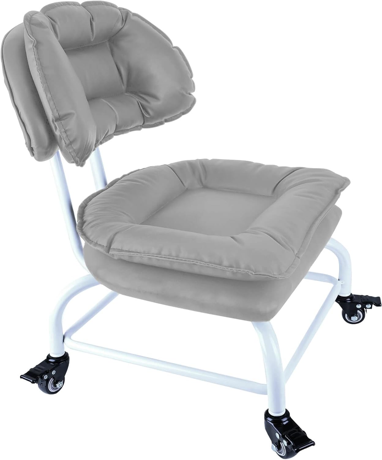 Rolling Stool Wide Seat with Back Rolling Chair 4 Wheels with Brakes for Home Office Garage Shop Waterproof Roller Seat Durable Steel Stand Light Gray