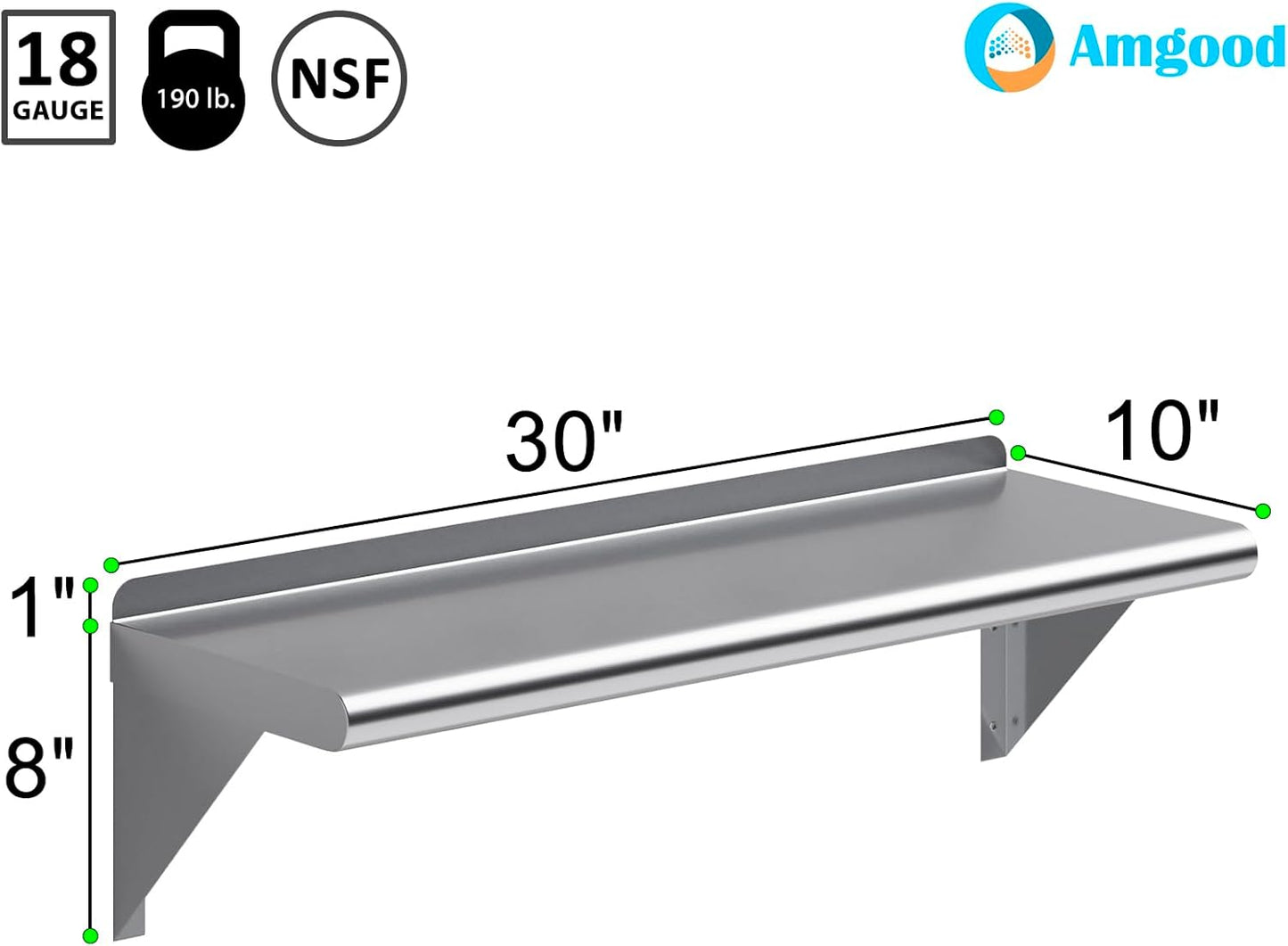 AmGood 30" Long X 10" Deep Stainless Steel Wall Shelf | NSF Certified | Appliance & Equipment Metal Shelving | Kitchen, Restaurant, Garage, Laundry, Utility Room