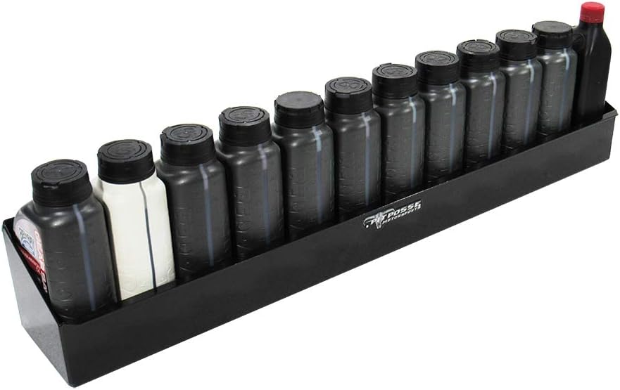 Pit Posse 443BK Oil Shelf 12 Quart Bottle Holder Storage Organizer Caddy 32" | Made in USA | Enclosed Race Trailer Garage Shop Automotive Motor Engine Oil Rack Caddie Shelves (Black)