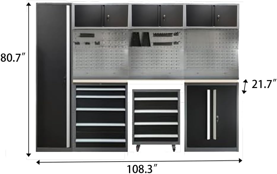 JZD Metal Garage Storage System, Lockable Tool Cabinet Workbench for Workshop, No Wall Mounting Needed, for Utility Room Pantry