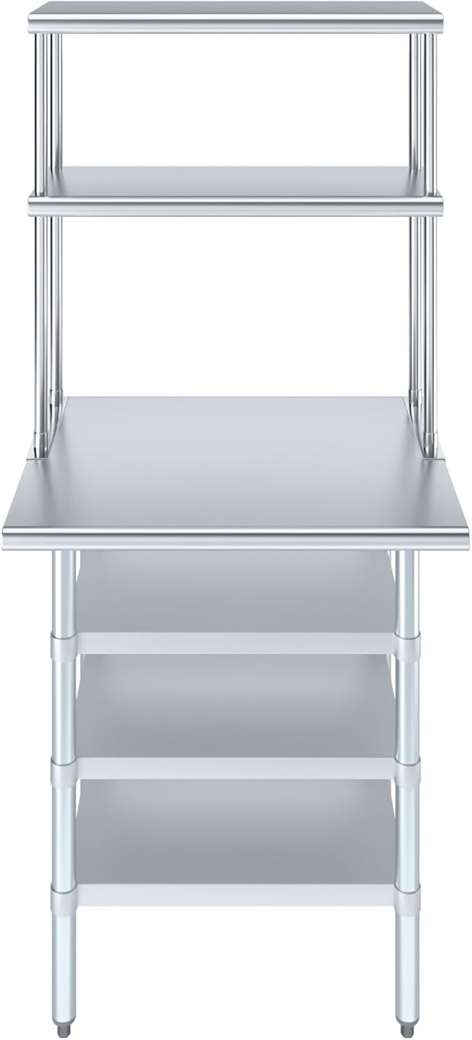 Amgood 24" x 30" Stainless Steel Work Table with 3 Shelves and 12" Wide Double Tier Overshelf | Metal Kitchen Prep Table & Shelving Combo | NSF