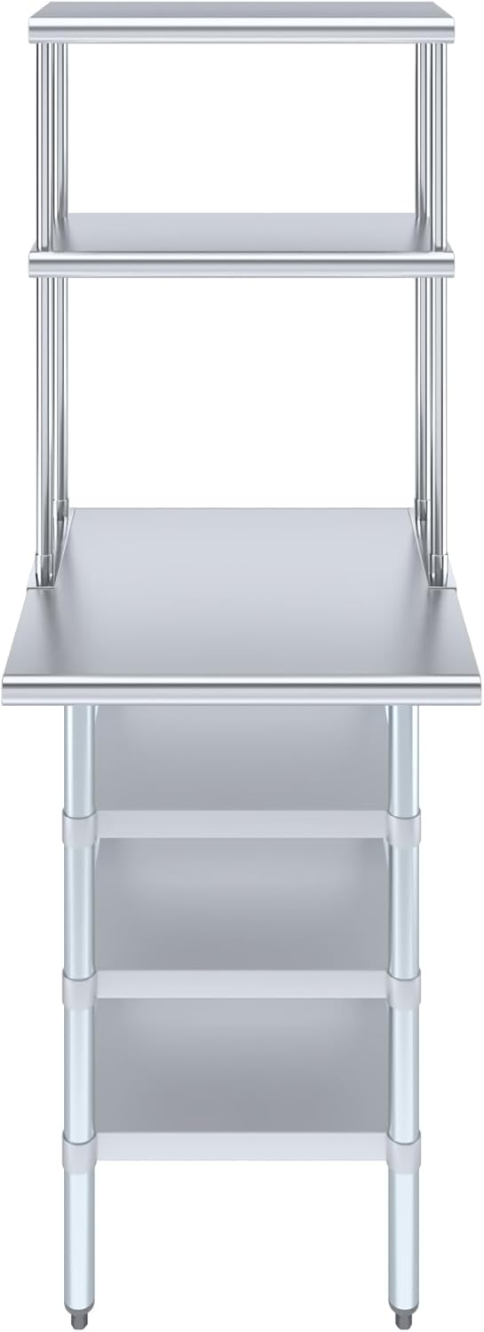 Amgood 24" x 24" Stainless Steel Work Table with 3 Shelves and 12" Wide Double Tier Overshelf | Metal Kitchen Prep Table & Shelving Combo | NSF