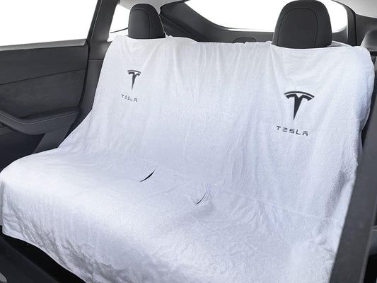 Compatible with Tesla Model Y/3 Premium Towel Car Rear Seat Cover - Breathable & Waterproof - Machine Washable, Seat Protector for Dog, Pets, Sweat from The Gym (White)