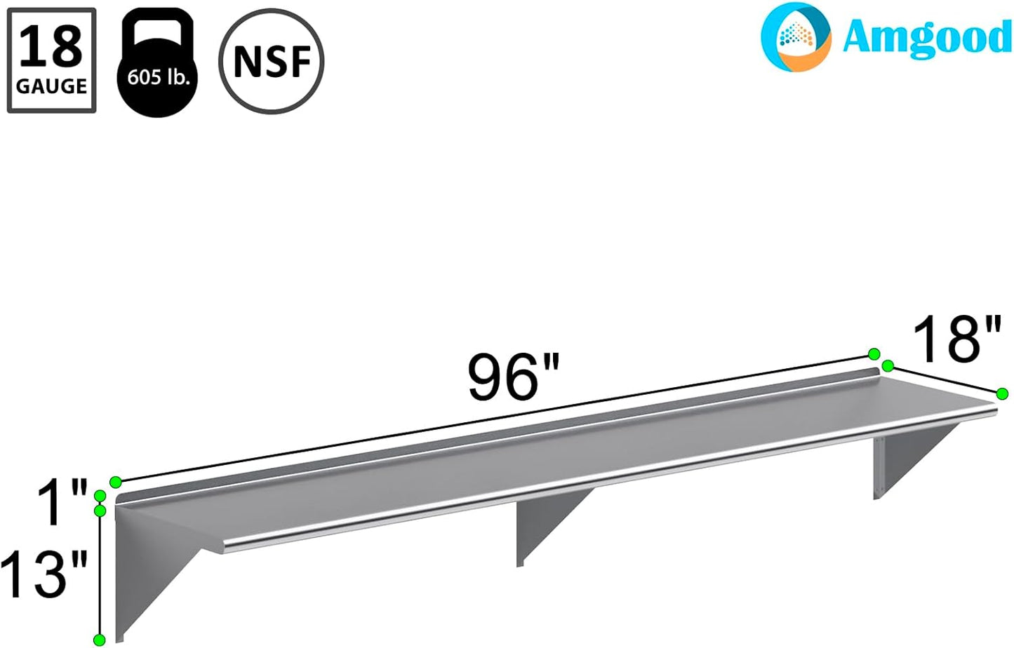AmGood 96" Long X 18" Deep Stainless Steel Wall Shelf | NSF Certified | Appliance & Equipment Metal Shelving | Kitchen, Restaurant, Garage, Laundry, Utility Room