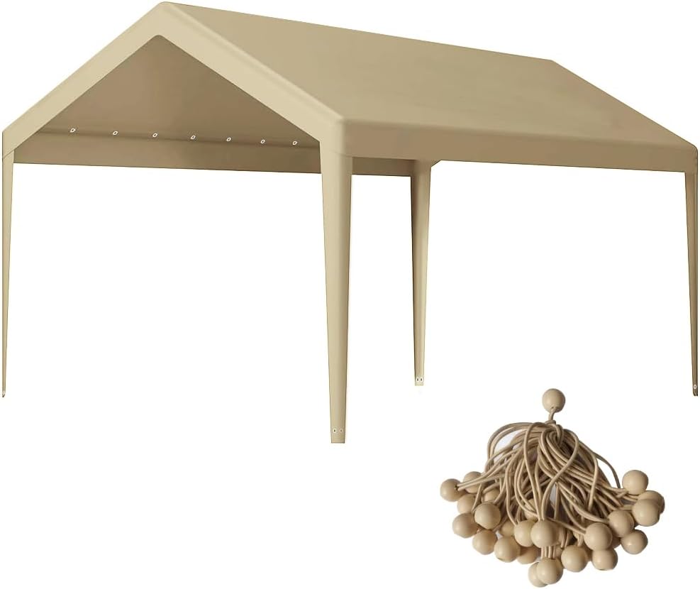 Rutile 10 x 20 FT Carport Replacement Cover, Heavy Duty Car Tarp Canopy Tent Garage Top Shelter Cover with Fabric Leg Pole Skirts and Ball Bungees Beige (Only Top Cover, Frame is not Included)