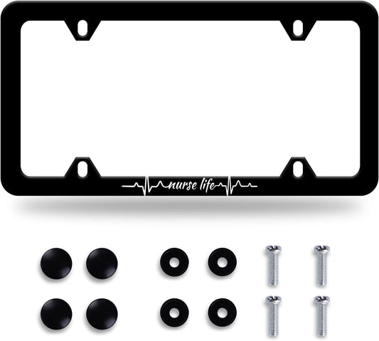 Nurse Life License Plate Frame Beautiful Text License Plate Stainless Steel Parts Funny License Plate Decorative with Screws Size 12.3" x 6.3" Men Women