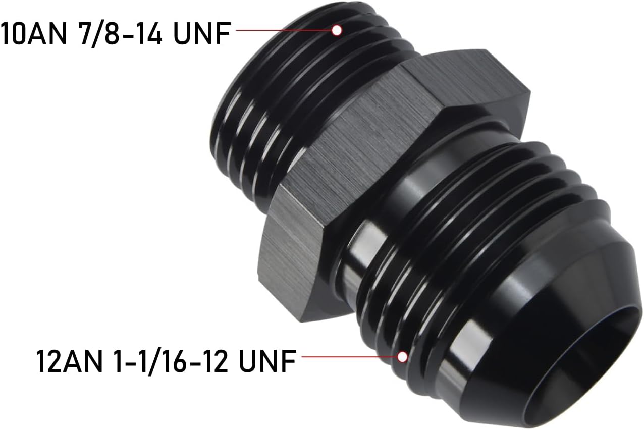 12AN Male Flare to 10AN ORB O-ring Boss Fuel Pump Rail Adapter Fitting Aluminum Black, Pack of 2