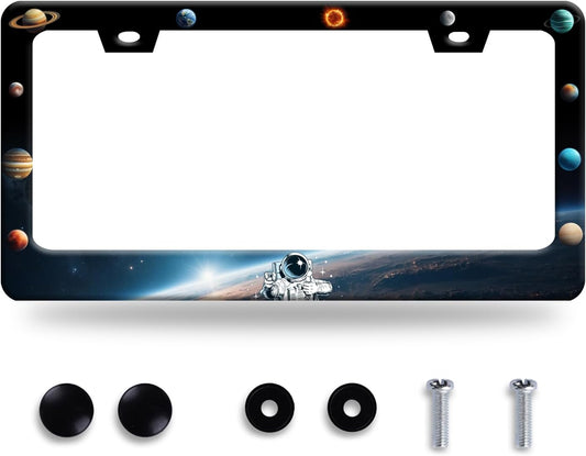 Planets License Plate Frame Funny Beautiful Space License Plate Stainless Steel Colorful License Plate Holder Galaxy Car Accessory with Screws Car Decoration 12.3" x 6.3"for Men Women