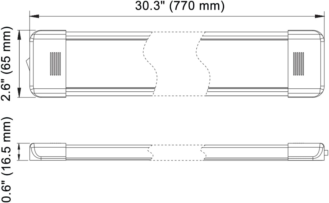 LED Interior Utility Light Fixture 30.3" x 2.6", High Lumen-Output Low Current Draw Energy Efficient, Frosted Lens 6000K Cool-White Even Diffused Beam, On/Off Rocker Switch 12V-24V DC, 1-Pack