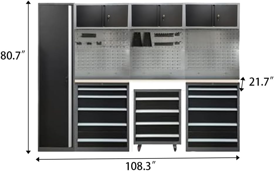 JZD Heavy Duty Metal Garage Shop Tool Storage Cabinet Set System with Wood Tabletop, for Basement Automotive Repair Shop
