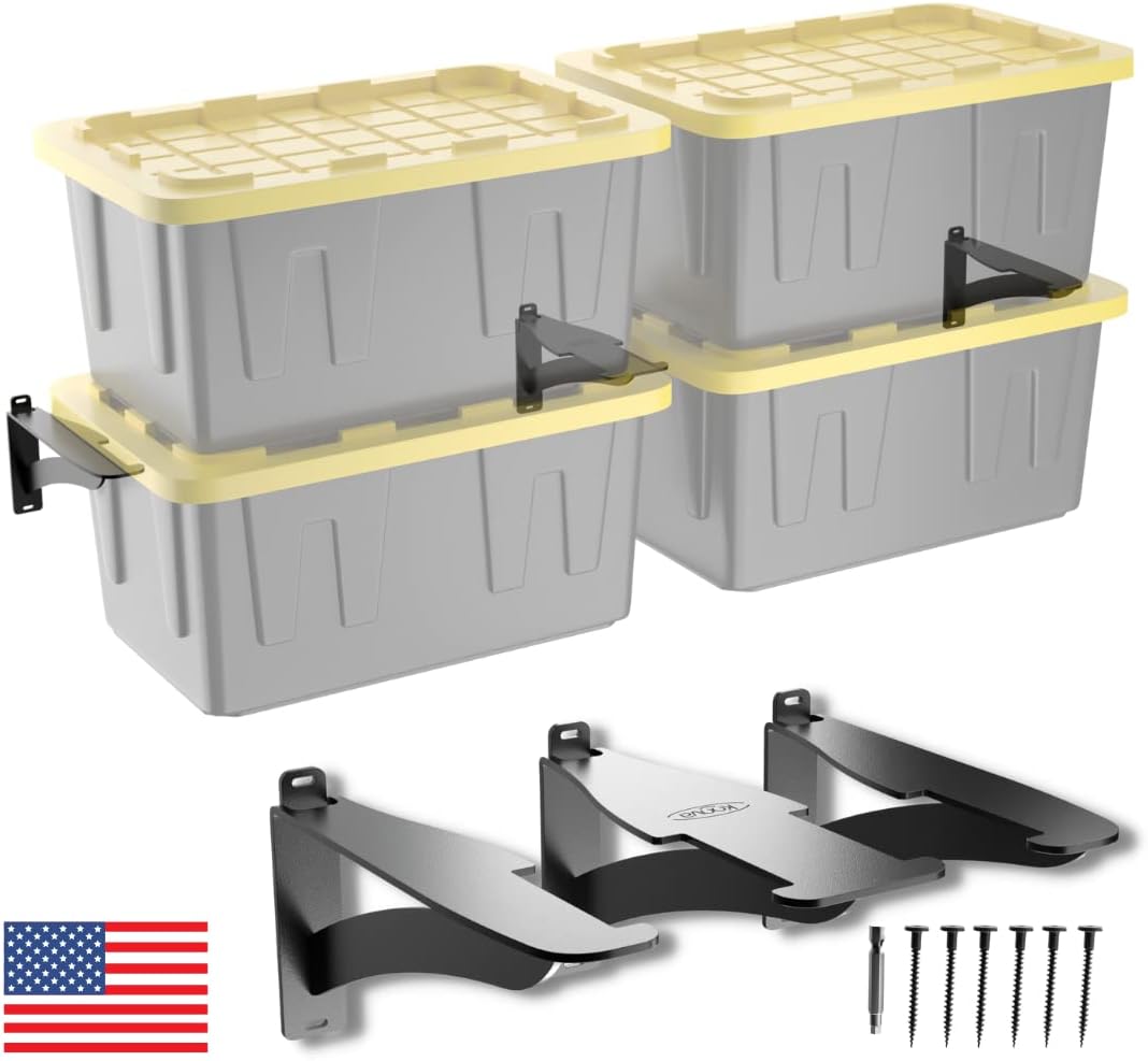 Koova Wall Mounted Tote Rack Storage System, Fits 27-Gallon Black and Yellow Commander Style Bins, Wall Mount Bracket Shelves for Garage Organization, Heavy Duty Steel, Made in USA (3-Piece Set)