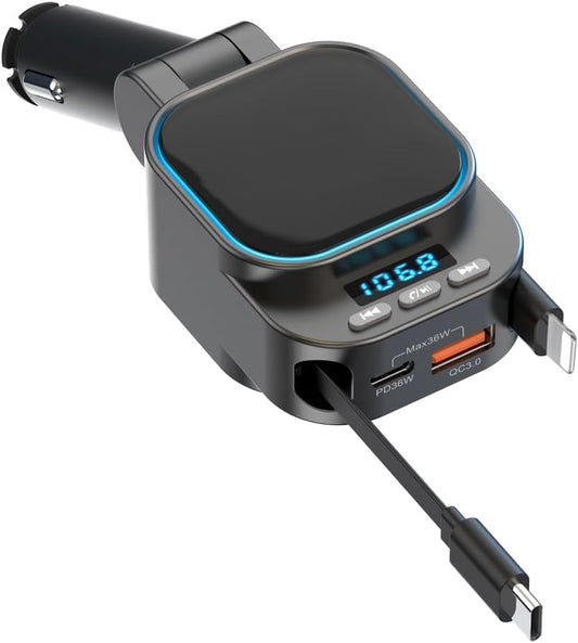 Retractable Car Charger 96W with Bluetooth Car Adapter, 4 in 1 Fast Charging, Radio Bluetooth 5.3 FM Transmitter, Handsfree Calling, USB C Phone car Charger Adapter for iPhone 16 15 14 13 12